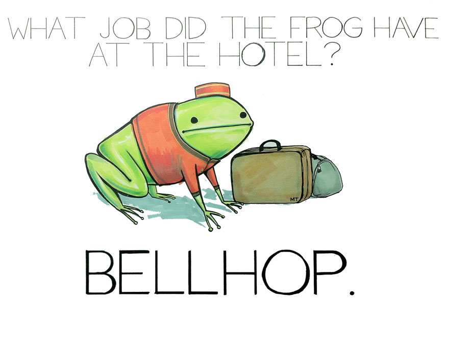 Frog in a bellhop uniform with luggage, illustrating a cute and funny pun.