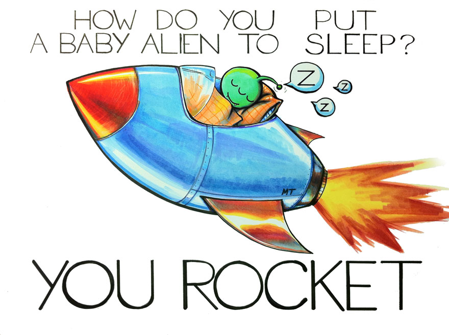 Baby alien sleeping in a rocket, illustrated pun humorously showing a rocket ship.