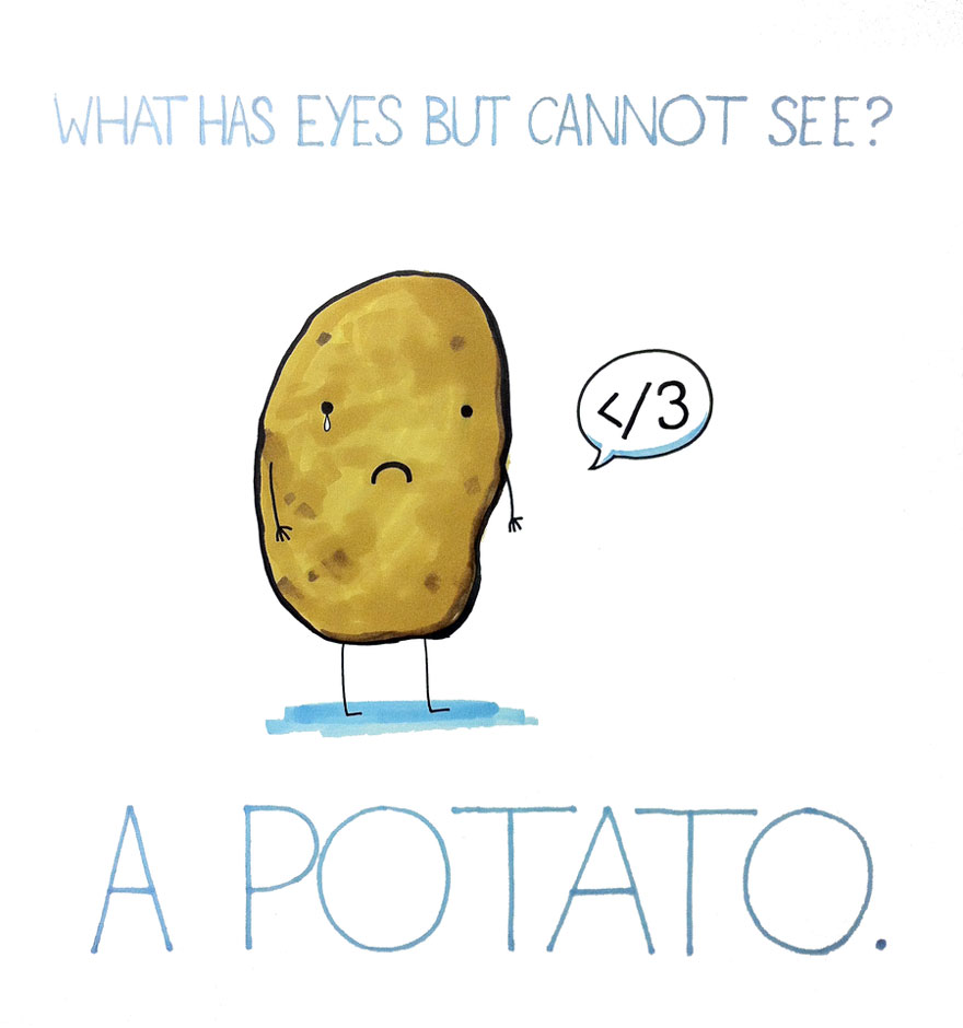 Cute potato with a sad face, featuring a pun about eyes and sight.