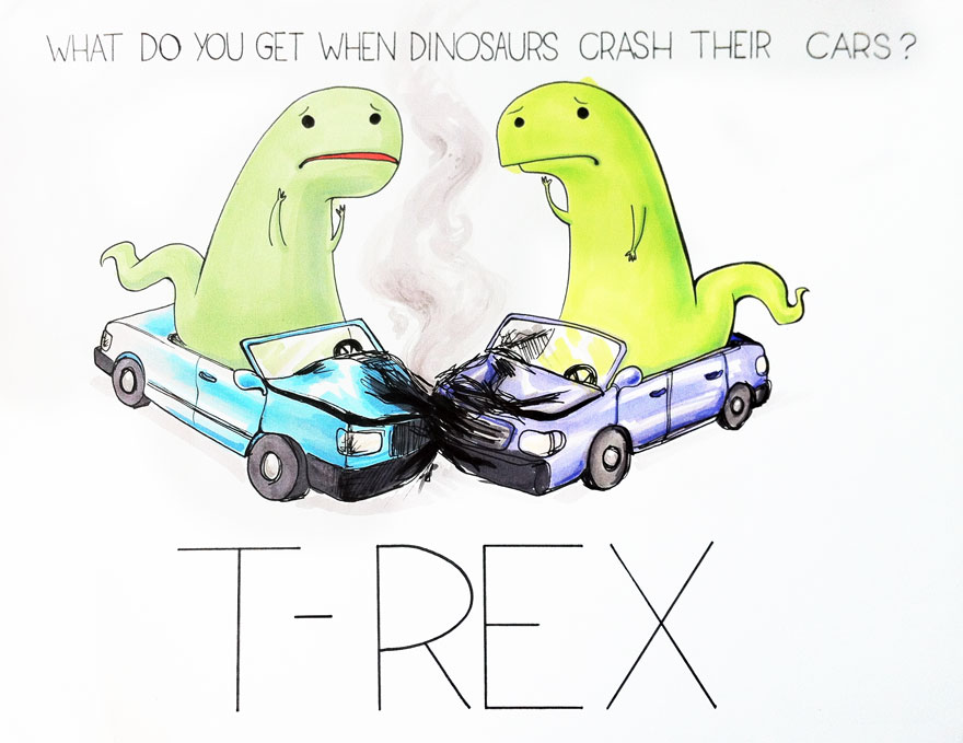 Two cartoon dinosaurs in a car crash, creating a witty pun about T-Rex.