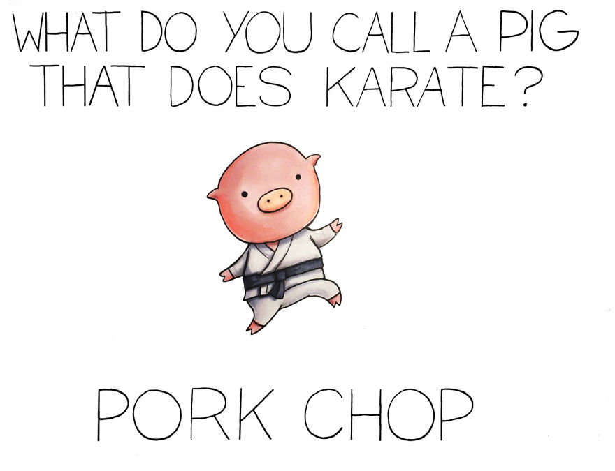 Cute pig cartoon in karate outfit with pun: "Pork Chop."