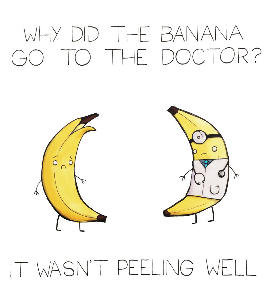 Two cartoon bananas, one dressed as a doctor, with a pun about a banana visiting the doctor for "not peeling well."