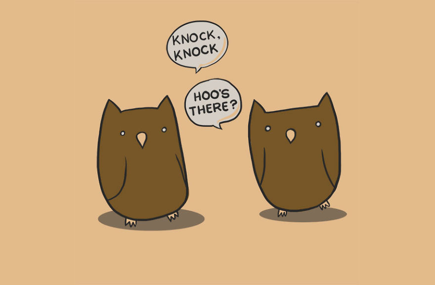 Two cartoon owls sharing a cute and funny pun with speech bubbles saying "Knock, knock" and "Hoo's there?".