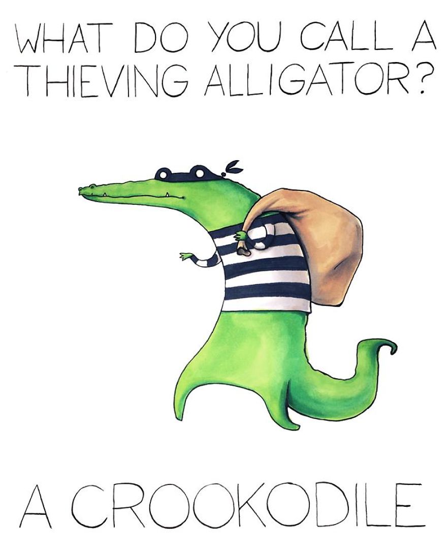 Cute alligator illustration with a burglar outfit, holding a sack, showcasing a funny pun.