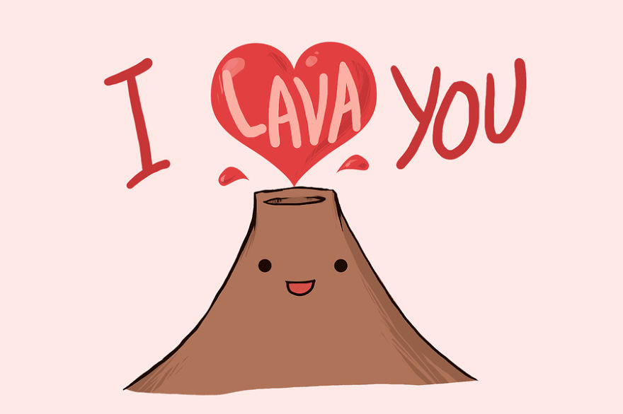 Cute volcano illustration with a smiling face and heart saying "I lava you," featuring a funny pun by Arseniic.