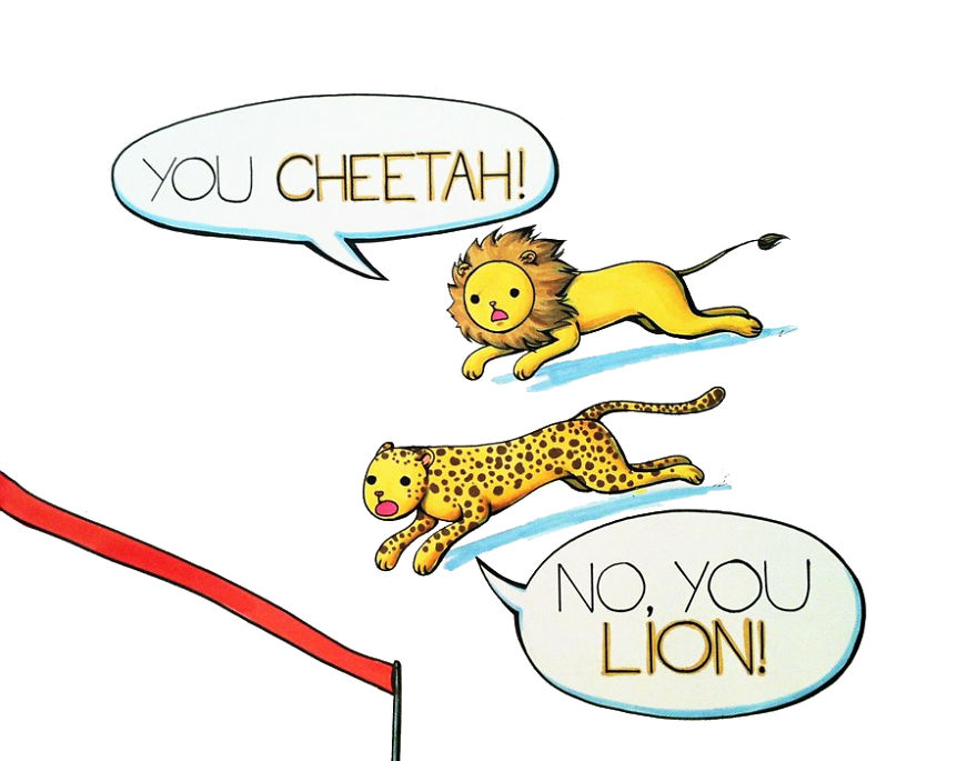 Funny pun illustration with a lion accusing a cheetah of cheating as they race to the finish line.