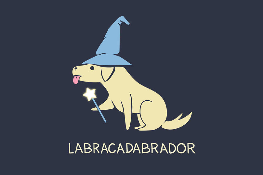 A cute dog dressed as a wizard with a blue hat and a wand, illustrating a pun on "Labracadabrador."