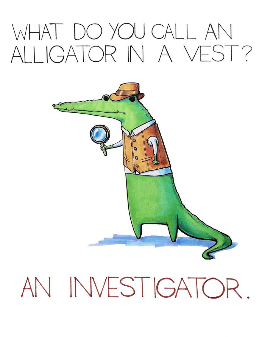 Cartoon alligator in a vest with a hat and magnifying glass, illustrating a funny pun by Arseniic.