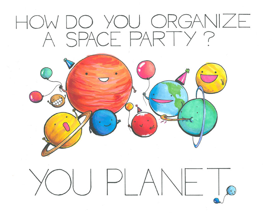 Cartoon planets with party hats and balloons, featuring a pun about organizing a space party by Arseniic.