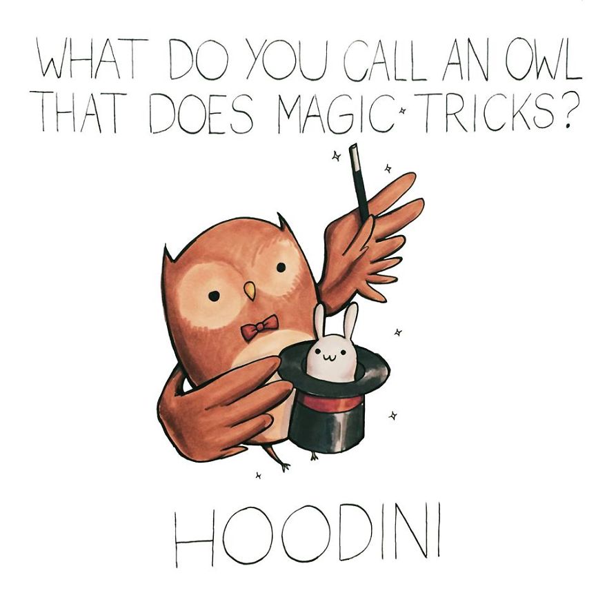 Owl performing magic tricks with a wand and hat, featuring a bunny and the pun "Hoodini." Cute and funny puns by Arseniic.