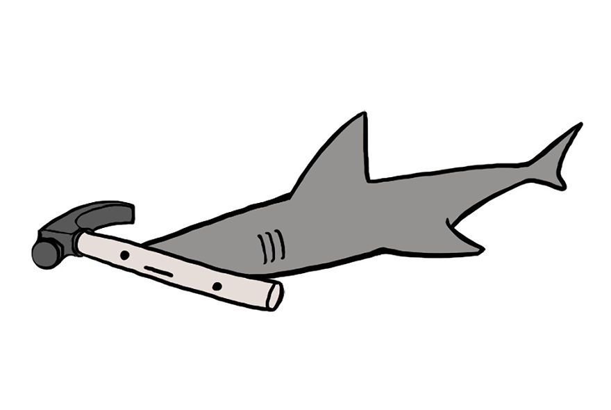 Cartoon hammerhead shark with a hammer as its head, illustrating a pun by Arseniic.