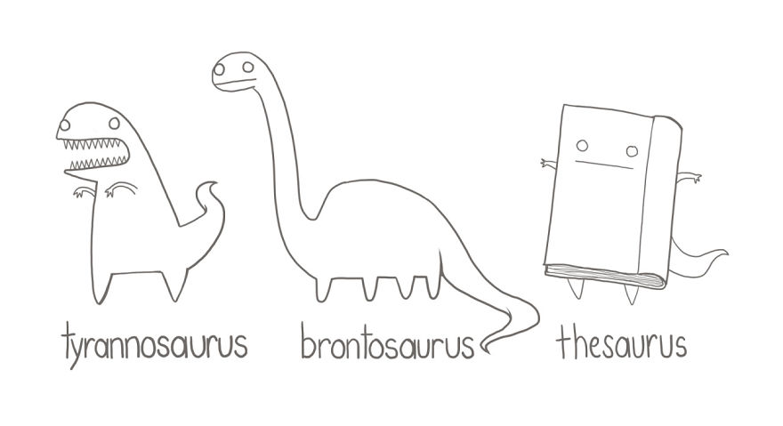 Cute and funny drawing of a tyrannosaurus, brontosaurus, and thesaurus with simple line art.