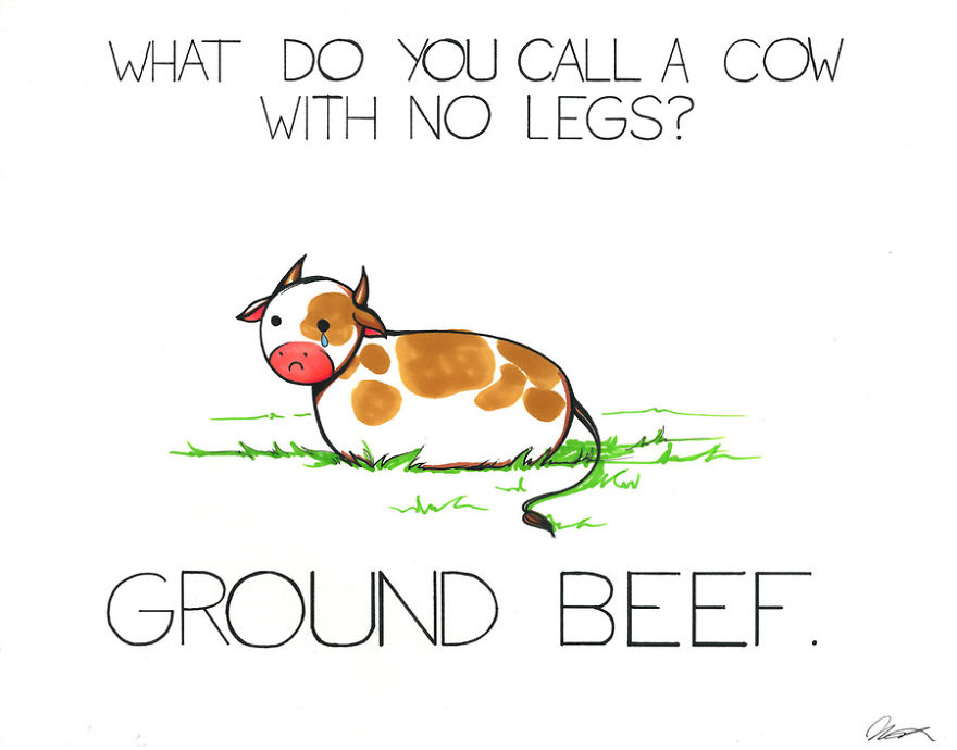 Cute cow illustration with pun about ground beef by Arseniic.