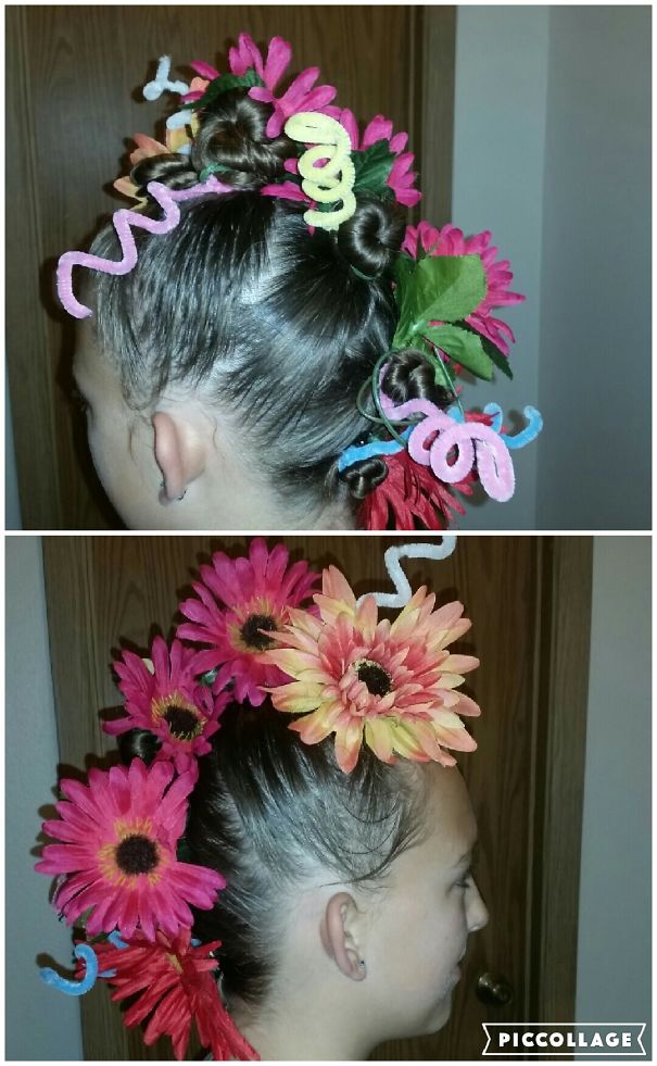 Crazy hair day hairstyle with colorful flowers and pipe cleaners.