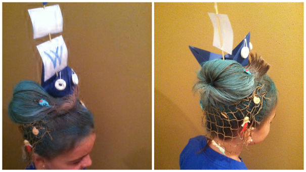 Creative hairstyle featuring a ship design with sails and a net, ideal for a crazy hair day look.