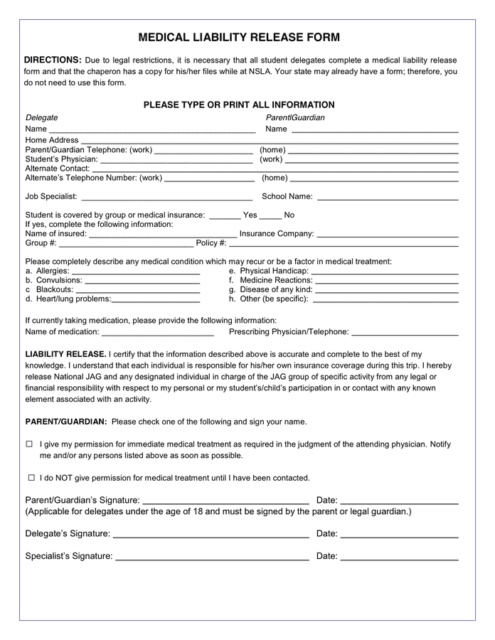 Medical Release Of Liability Form Template