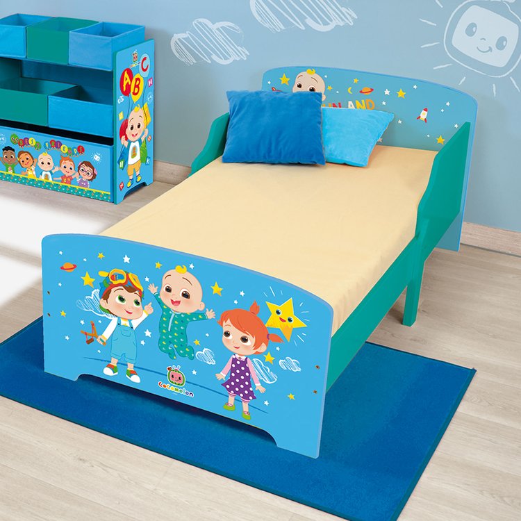 Cocomelon Wooden Junior Toddler Bed with Eco-Fibre Hypoallergenic Toddler Bed Mattress - Blue/White 