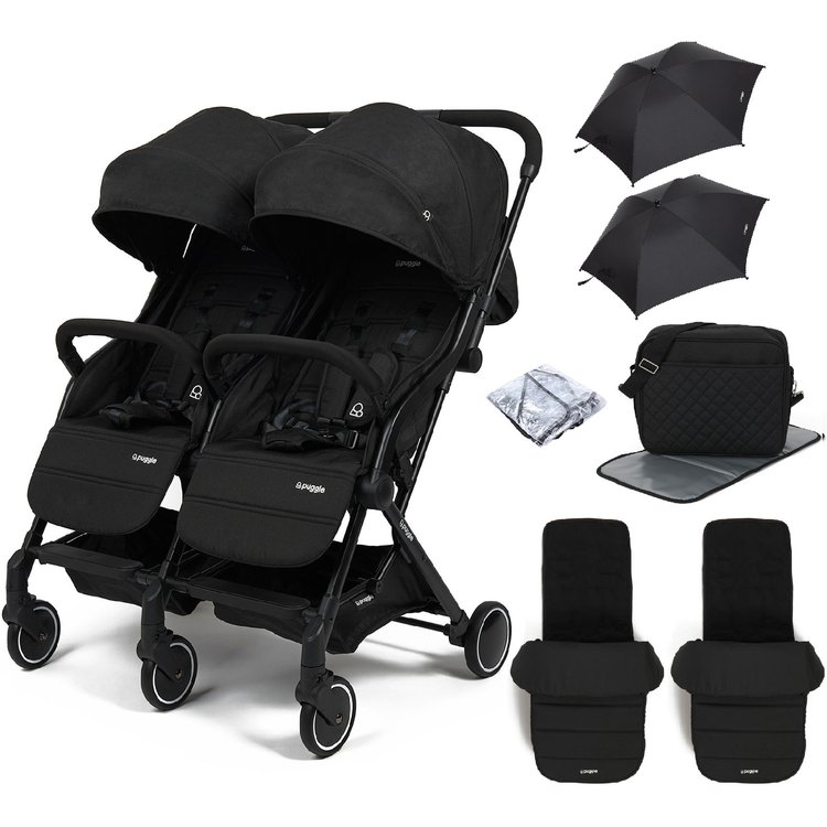 Puggle City Traveller Compact Fold Twin Pushchair, 2 Deluxe Footmuffs, Bag & 2 Parasols - Storm Black 