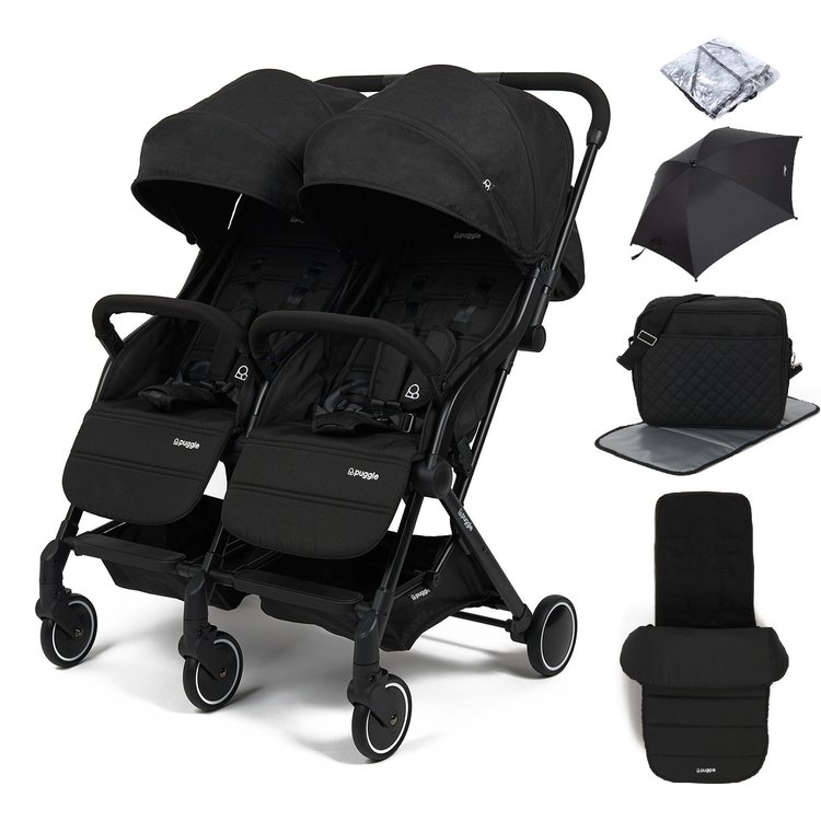 Puggle City Traveller Compact Fold Twin Pushchair, Deluxe Footmuff, Bag & Parasol - Storm Black 