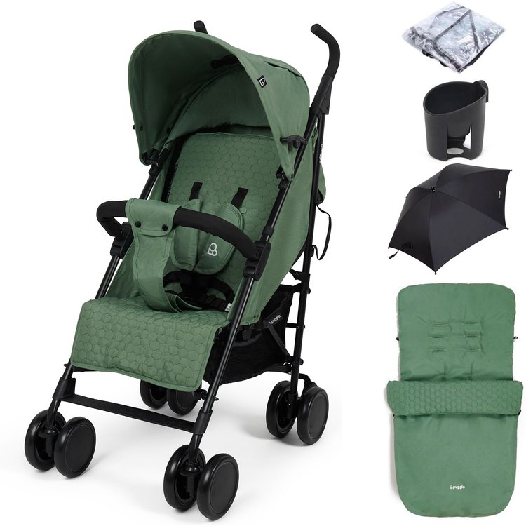 Puggle Litemax Pushchair with Rain Cover, Cupholder, Universal Footmuff & Parasol - Sage Green 