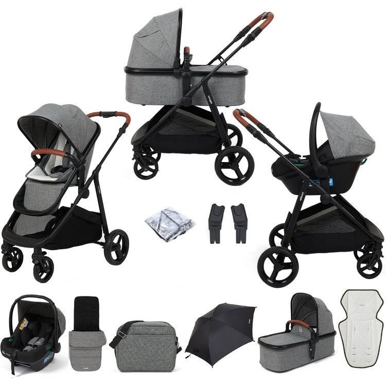 Puggle Minnesota XT 3-in-1 i-Size Travel System with Adjustable Handles, Minnesota Footmuff, Changing Bag & Parasol - Graphite Grey 