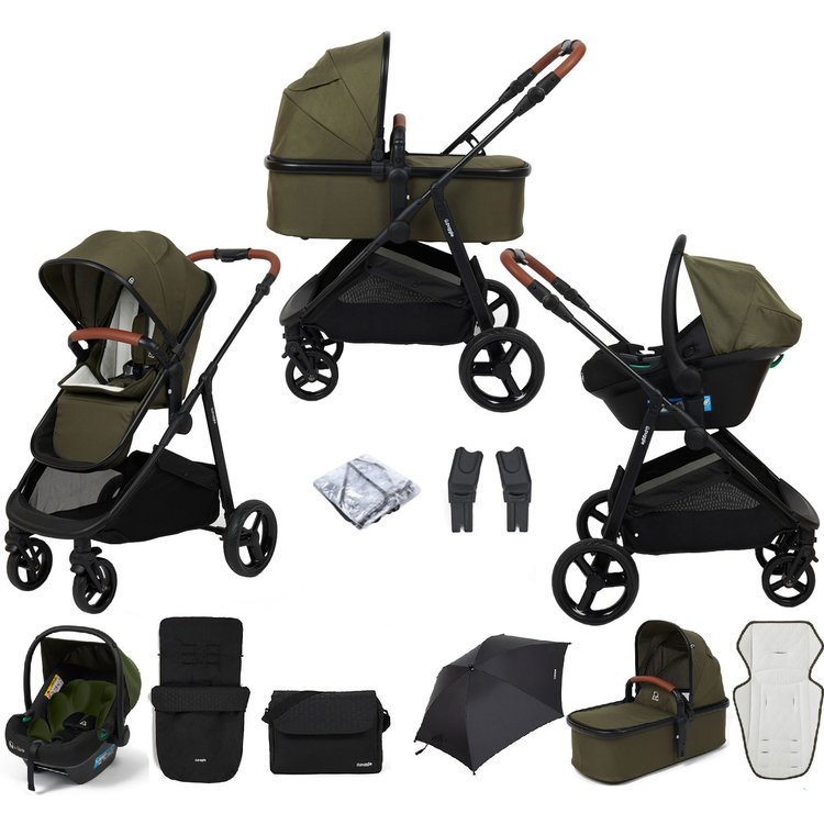 Puggle Minnesota Xt 3-in-1 i-Size Travel System with Universal Footmuff. Changing Bag and Parasol - Forest Green 