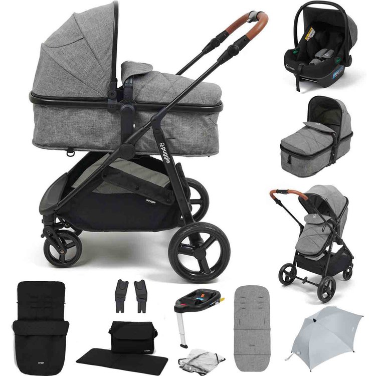 Puggle Monaco XT 2-in-1 i-Size R129 Travel System with Base, Footmuff, Changing Bag & Parasol - Graphite Grey 