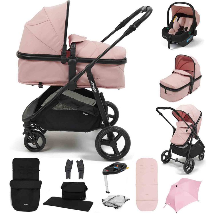 Puggle Monaco XT 2in1 i-Size R129 Travel System with ISOFIX Base, Footmuff, Changing Bag & Parasol - Blush Pink 