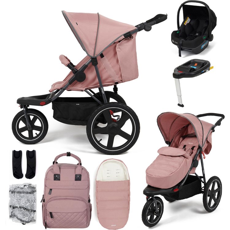 Puggle Urban Terrain Sprint Gt Travel System, Adapters, Safe Fit i-Size R129 Car Seat, ISOFIX Base, Matching Footmuff & Changing Bag - Dusk Pink 