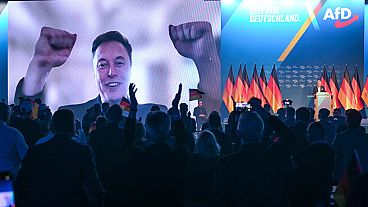 U.S. businessman Elon Musk is shown during a live video link, as Alice Weidel, AfD candidate for chancellor takes to the stage, during the AfD's election campaign kick-off.