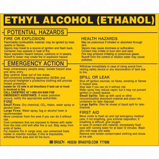 Ethyl Alcohol (Ethanol), 3 3/4 in Ht, Label - 20TH71|93530 - Grainger image.