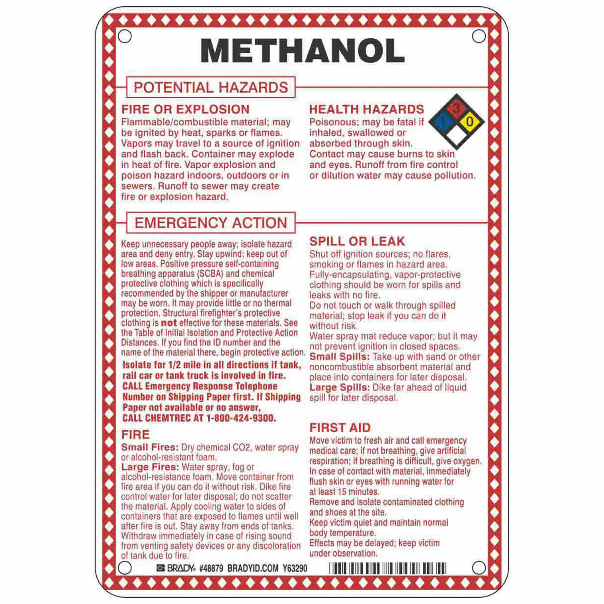 Methanol Potential Hazards, Fiberglass, Chemical Sign - 41F490|48879 ...