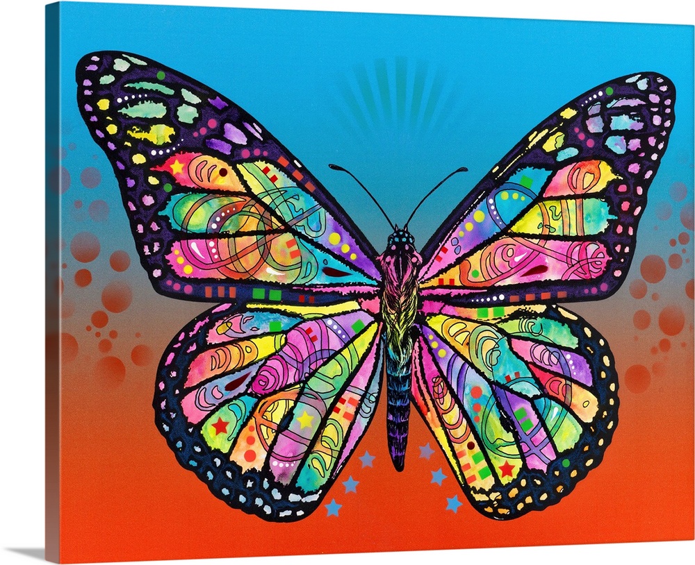 Intricate illustration of a colorful butterfly with abstract designs on a blue and orange background.