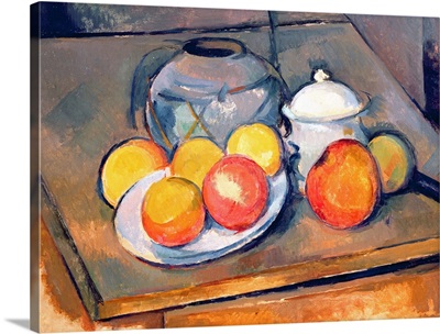 Straw covered vase, sugar bowl and apples, 1890 93