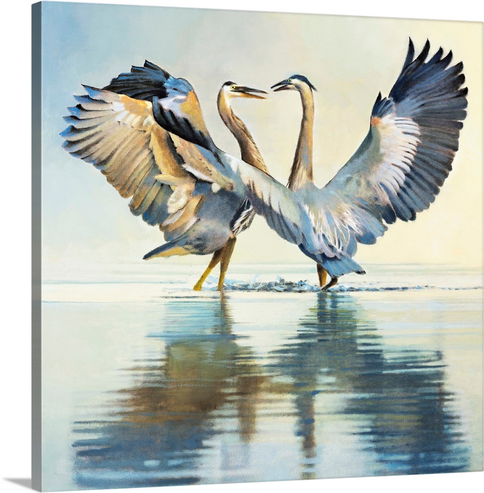 Contemporary painting of two herons with their wings outstretched and reflections in the water.