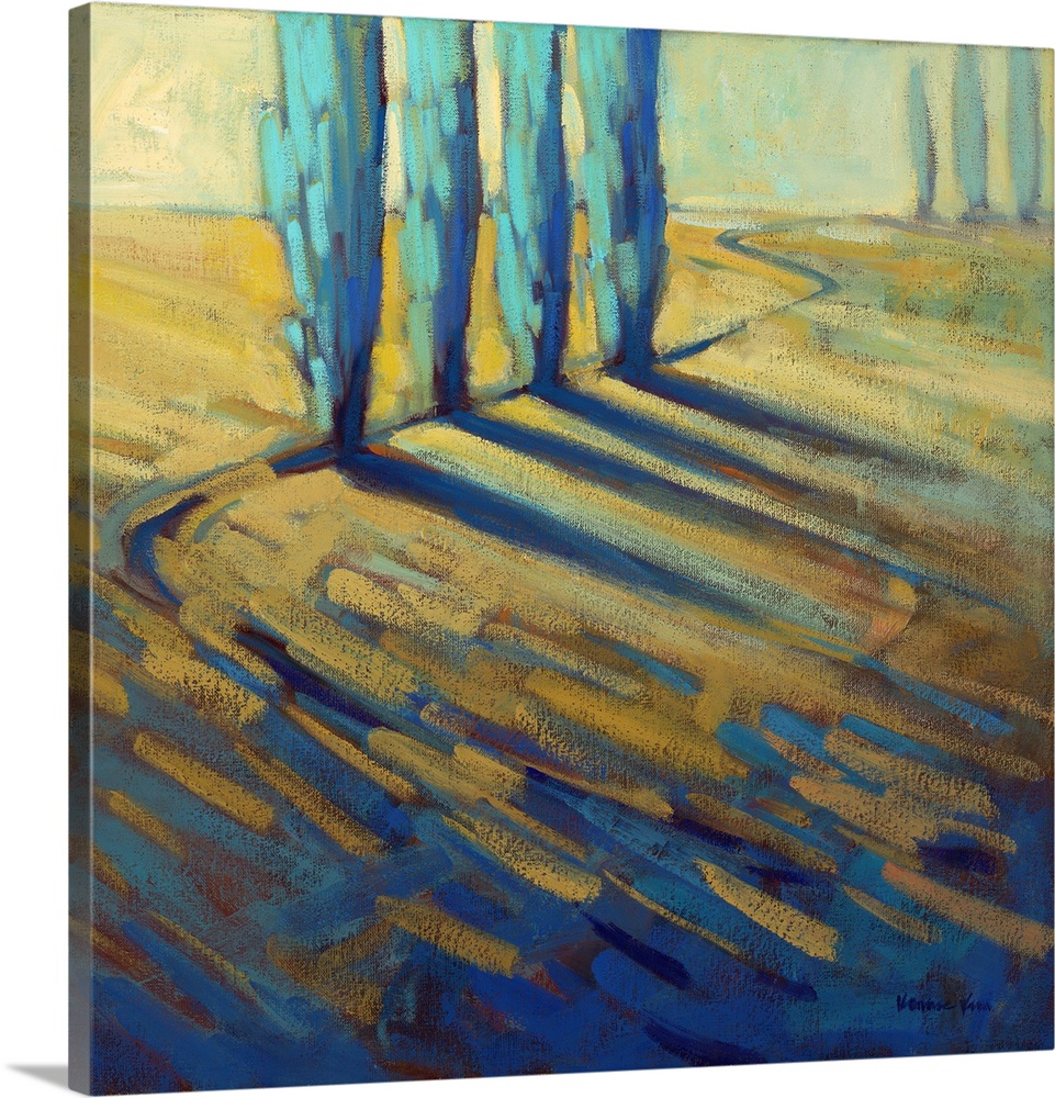 A contemporary painting of a small country road framed by cypress trees.