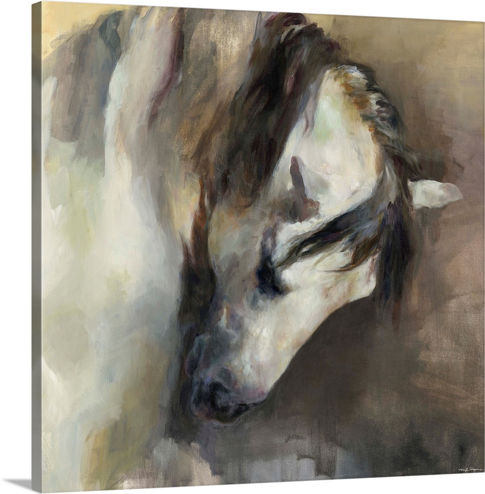 Square abstract painting of a horse in neutral colors.