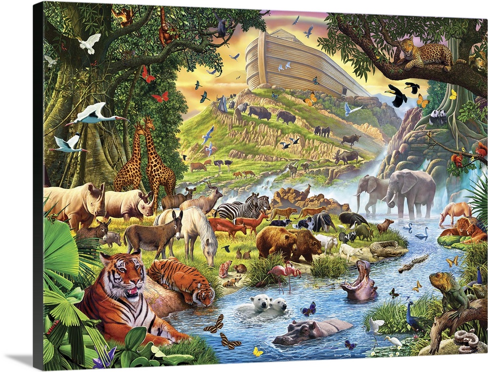 Colorful artwork of Noah's Ark in a lush green landscape with thousands of animals all around.