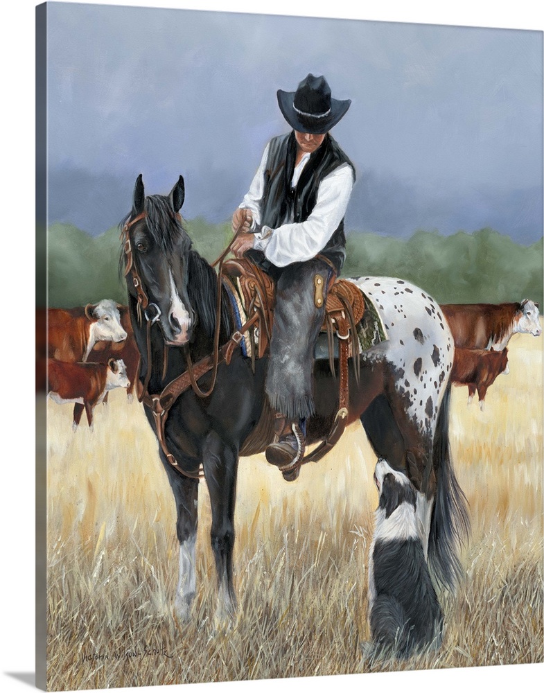 Contemporary painting of a cowboy on horseback looking at a border collie dog.