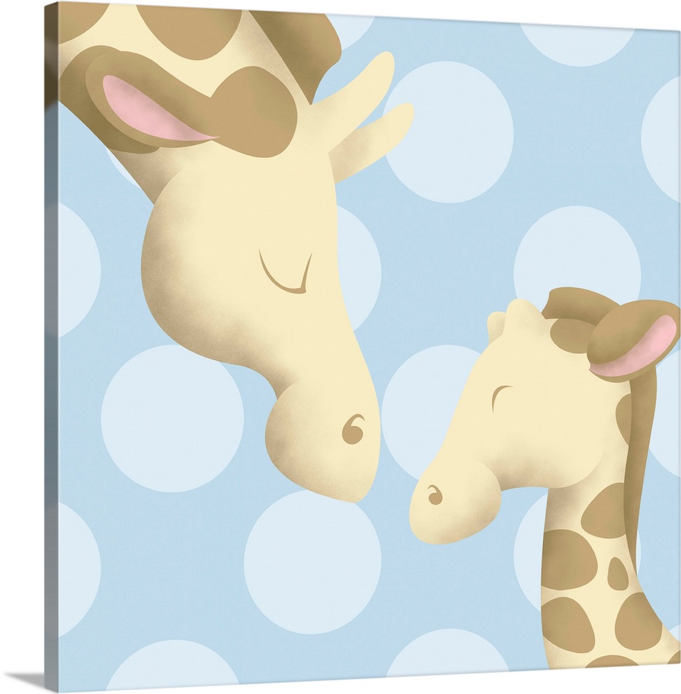 Nursery art of a mother giraffe and her baby on a blue polka-dot background.