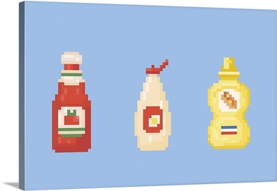 Retro 8-Bit Tomato Ketchup, Mayonnaise And Mustard Sauce Bottles