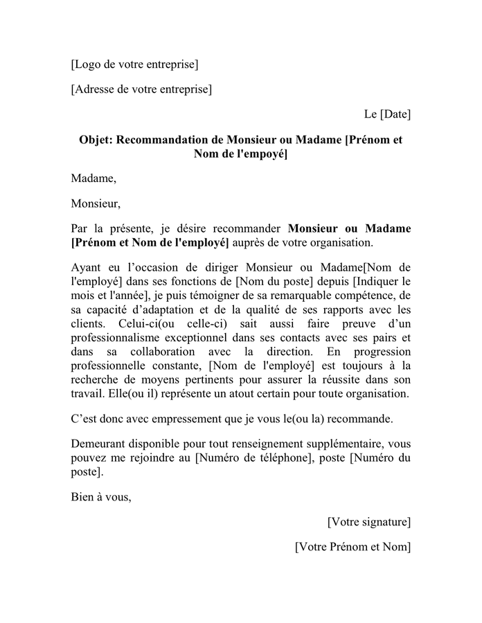 Modelé de lettre de recommandation - DOC, PDF - page 1 sur 1