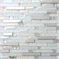 Glass Metal Tile Iridescent White & Silver Mirror Stainless Steel Backsplash Wall Tiles