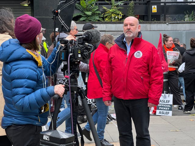 <p>All out: Mick Whelan, general secretary of the train drivers’ union, Aslef, during one of the many strikes</p>