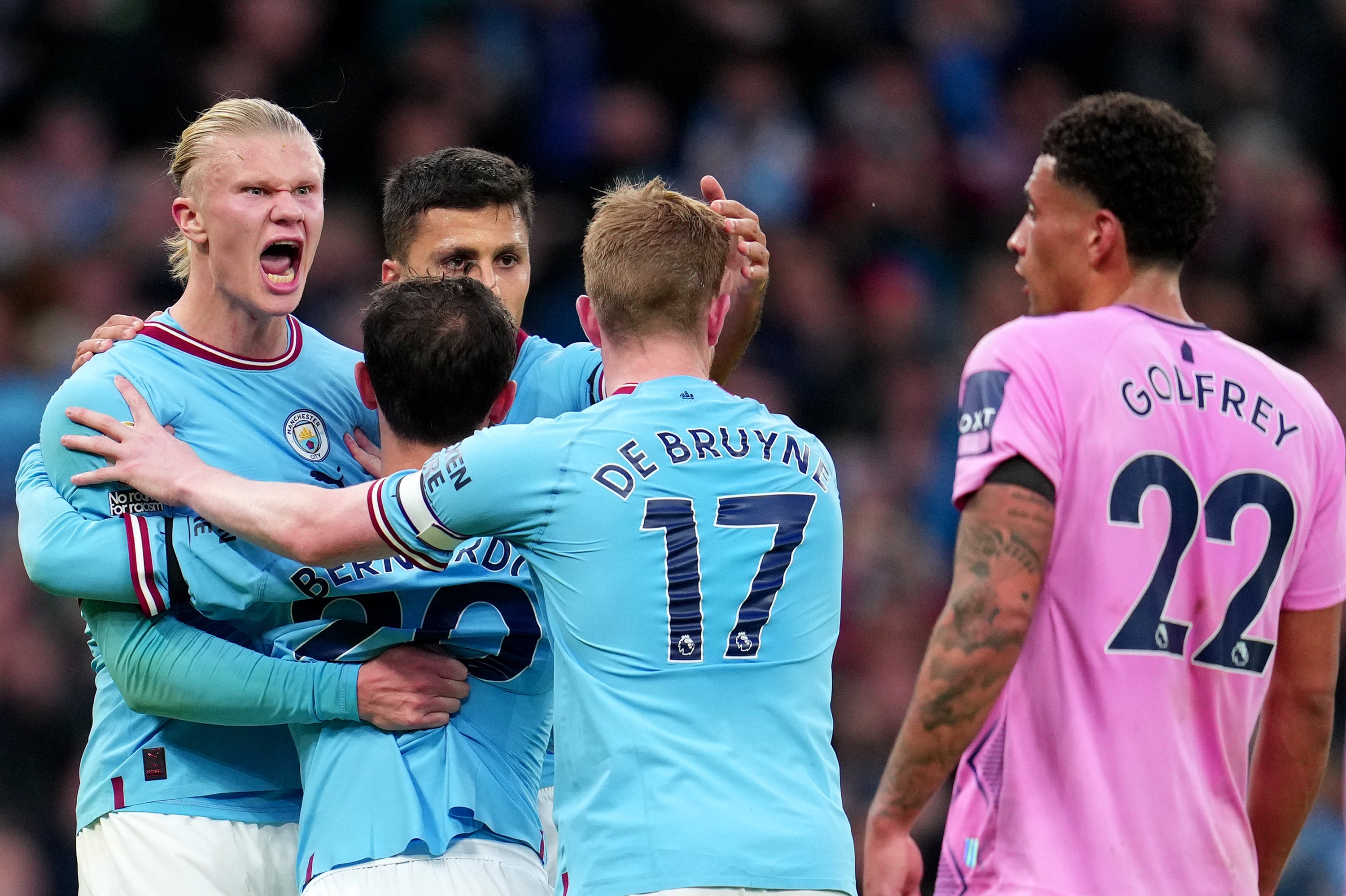 Erling Haaland during an angry exchange against Everton