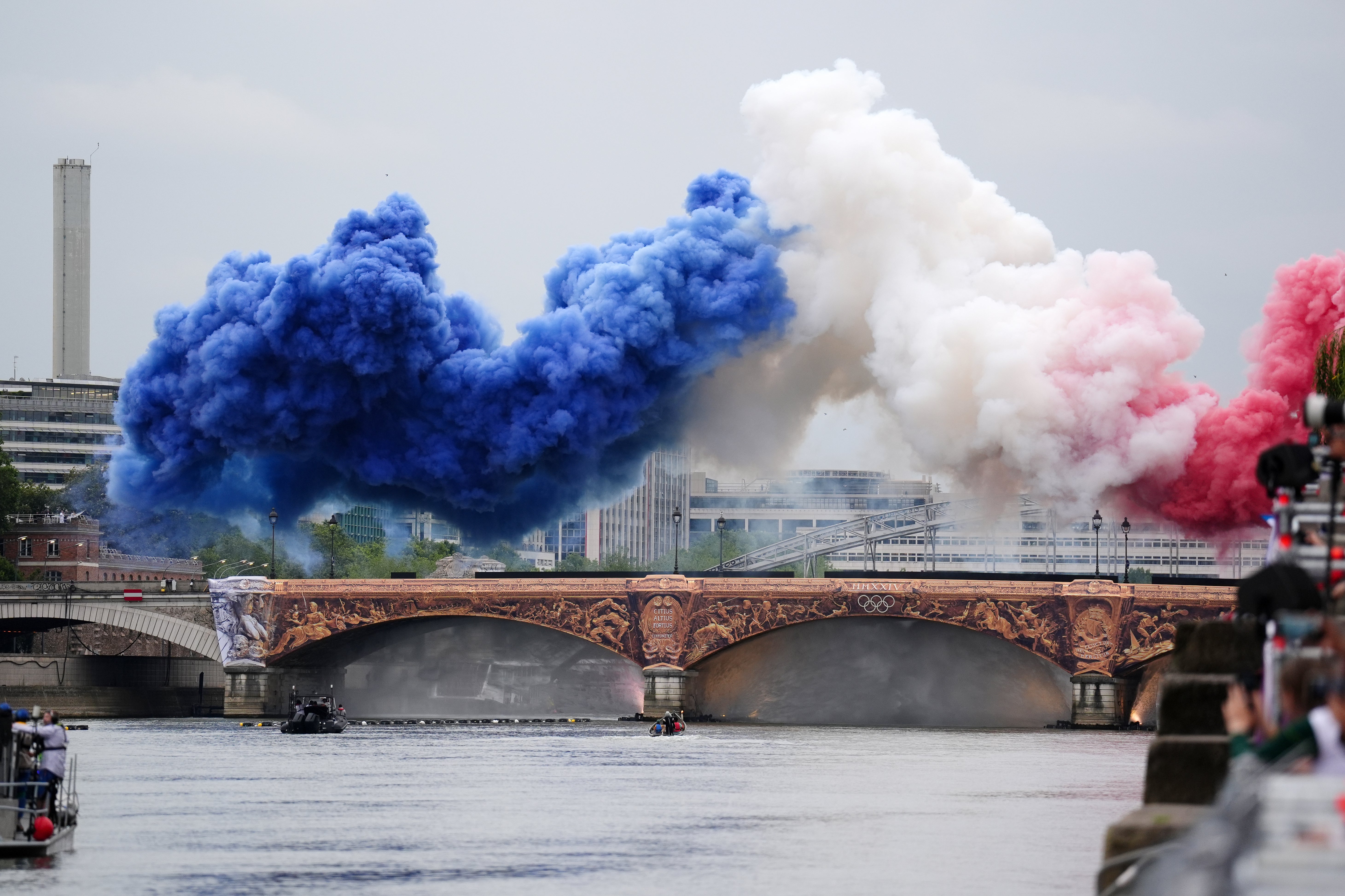 Smoke resembling the flag of France on Austerlitz Bridge during the Paris Olympics opening ceremony (John Walton/PA).