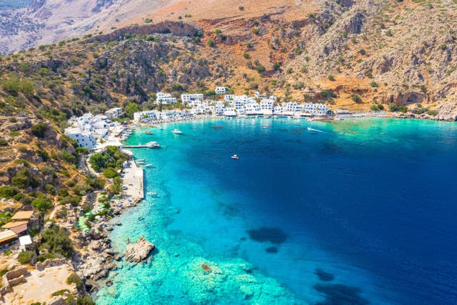 <p>The whitewashed buildings of Loutro on Crete </p>