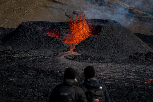 <p>Lava flows from the volcano in Fagradalsfjall, Iceland</p>