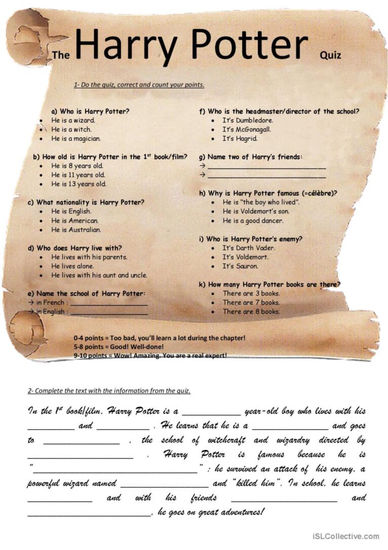 The Harry Potter Quiz: English ESL worksheets pdf & doc