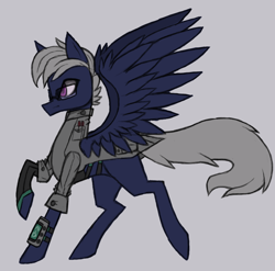 Size: 1152x1136 | Tagged: safe, artist:raptor007, oc, oc only, oc:wind, species:pegasus, species:pony, clothing, colored sketch, high collar, lab coat, male, pocket, science, simple background, sketch, spread wings, straps, trotting, white background, wings